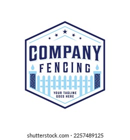 Professional fence company logo vintage isolated, fencing logo emblem vector design in blue color