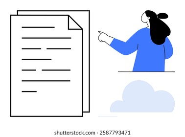 A professional figure points to a stack of documents. Ideal for business presentations, workplace communication, document management, professional training, educational materials. Interactive vector