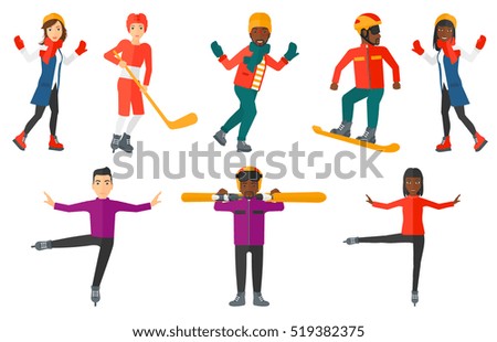 Professional figure skater performing on ice skating rink. Figure skater dancing. Young man snowboarding. Man riding on snowboard. Set of vector flat design illustrations isolated on white background.