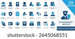 A professional filled icon set showcasing essential government services and public administration. Perfect for use in civic apps, websites, and institutional publications.