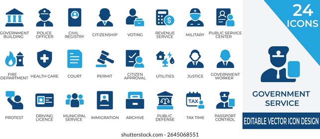 A professional filled icon set showcasing essential government services and public administration. Perfect for use in civic apps, websites, and institutional publications.