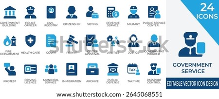 A professional filled icon set showcasing essential government services and public administration. Perfect for use in civic apps, websites, and institutional publications.