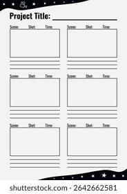 Professional film storyboard, includes 16:9 rectangular frames. Perfect for Filmmakers, Designers and Animators. Movie storyboard layout, ideal for scene planning. A4 size template for printing