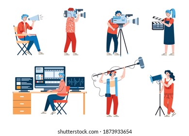 Professional filmmakers with equipment set of flat cartoon vector illustrations isolated on white background. Workers of film production industry or cinematography.