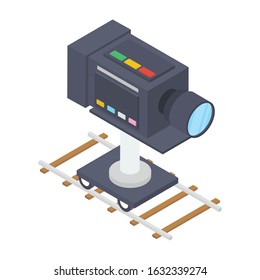 Professional filmmaking gadget, movie camera icon isometric design