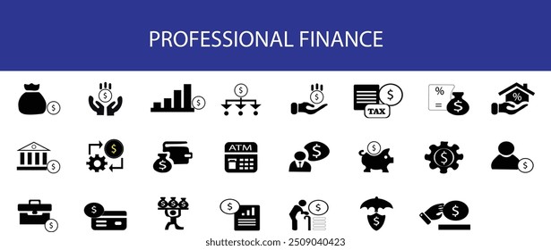 The Professional Finance Icons collection features clean, minimalist symbols representing key financial concepts like money management, banking, and investment. Ideal for enhancing reports
