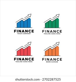 A professional finance logo set featuring four variations of rising bar charts with upward arrows, symbolizing business growth, financial progress, success, and investment development. Each logo comes