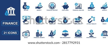 Professional finance solid icon set featuring banking, investment, money management, financial analysis, budgeting, profit growth, risk management, funding, payment, savings, wealth, economy, and business finance symbols. Perfect for fintech apps, banking services, financial reports, websites, and presentations.