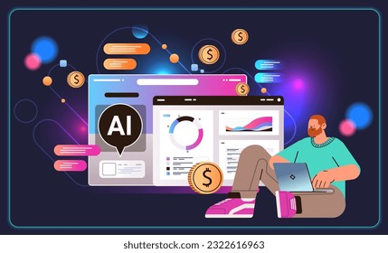 professional financial advisor giving advise in computer app with ai helper bot investment money management planning concept