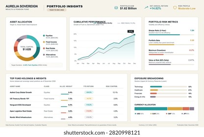 Professional financial dashboard displaying asset allocation, cumulative performance, risk metrics, and fund holdings data.
