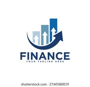 A professional financial growth logo featuring upward trending bar charts and a swooping arrow icon