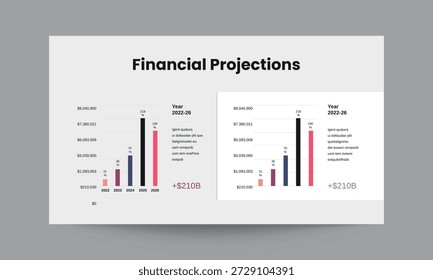 Professional financial projections presentation slide template designed to present revenue forecasts expense planning and financial performance outlook. Ideal for startup pitch decks investor presentations corporate planning and business forecasting slides. Clean modern layout fully editable and easy to customize for professional use.