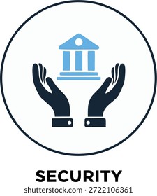 Professional financial security vector icon featuring protective cupped hands holding a blue bank building silhouette, designed as a scalable graphic for banking institutions, insurance services, and wealth management branding.