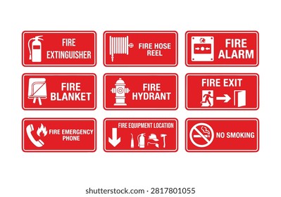 Professional fire safety signage collection including fire extinguisher, hose reel, alarm, blanket, hydrant, fire exit, emergency phone, fire equipment location, and no smoking signs. Suitable for commercial buildings, offices, warehouses, factories, hospitals, schools, and public facilities.