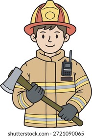 Professional firefighter character in protective uniform holding an axe, brave fireman vector illustration.