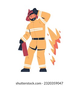 Professional firefighter with extinguisher. Fireman character in uniform and hat with rescue equipment. Rescue emergency service in action cartoon vector