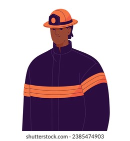 Professional firefighter in helmet. Fireman wearing protective uniform, suit. Flame security worker, staff. Fire department, emergency service. Flat isolated vector illustration on white background