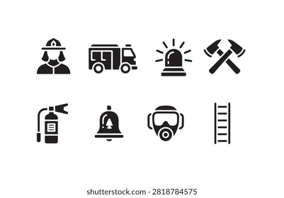 Professional firefighter icons featuring fire truck emergency siren axes extinguisher bell mask and ladder set.