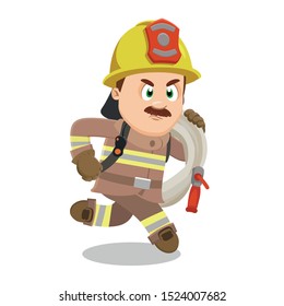 Professional firefighter in protective costume and hardhat running with water hose on shoulder. Mustached fireman hurry up to fighting fire. Vector cartoon illustration isolated on white background.