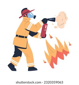 Bombero profesional extinguiendo el fuego con extintor. Carácter de bombero con uniforme, máscara y sombrero con equipo de rescate. Caricatura del servicio de emergencia de rescate en acción