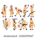 Professional firefighter with rescue equipment set. Fireman character in uniform, mask and hat. Rescue emergency service in action cartoon vector