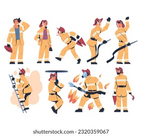 Professional firefighter with rescue equipment set. Fireman character in uniform, mask and hat. Rescue emergency service in action cartoon vector