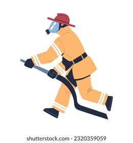 Professional firefighter running with hose. Fireman character in uniform, mask and hat with rescue equipment. Rescue emergency service in action cartoon vector illustration