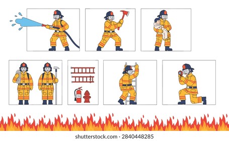Professional firefighter team performing rescue operations and extinguishing dangerous fires in a series of steps.