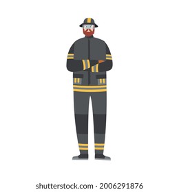 Professional firefighter wearing special uniform standing. Fireman hero doing his rescuing people work, flat cartoon vector illustration isolated white background