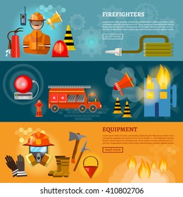 Professional firefighters banners equipment fireman fire safety vector illustration 