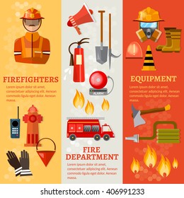 Professional firefighters banners fire safety equipment fireman vector illustration 