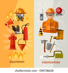 Professional firefighters banners fire safety equipment fireman vector 