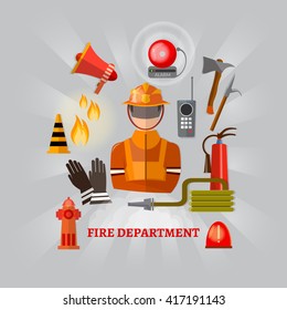 Professional firefighters equipment fireman fire safety fire alarm firefighter helmet fireman vector illustration 