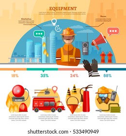 Professional firefighters infographic, equipment fireman, fire station, fire alarm in building, vector illustration 