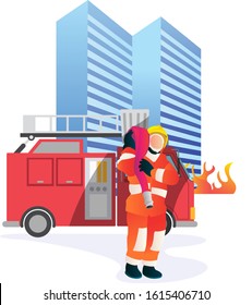 Professional fireman lift a hose after success put out fires in a skyscraper. Template fireman fighting with a blaze for landing page, ui ux design, web design.