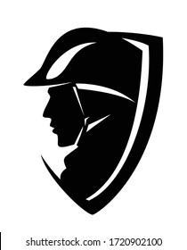 professional fireman wearing helmet - heraldic shield black and white vector design