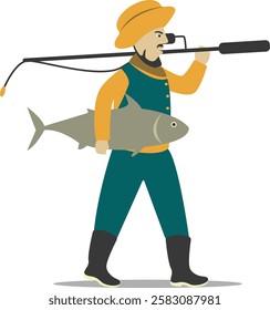 Professional Fisherman Character on White Background. Vector Illustration in Flat Style.