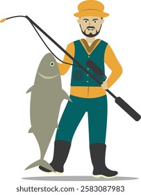 Professional Fisherman Character on White Background. Vector Illustration in Flat Style.