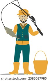 Professional Fisherman Character on White Background. Vector Illustration in Flat Style.