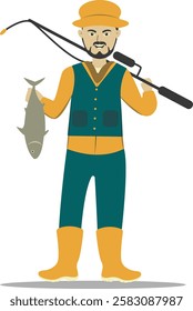 Professional Fisherman Character on White Background. Vector Illustration in Flat Style.