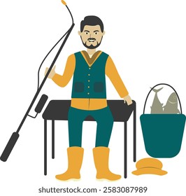 Professional Fisherman Character on White Background. Vector Illustration in Flat Style.