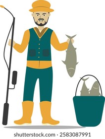 Professional Fisherman Character on White Background. Vector Illustration in Flat Style.