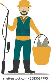 Professional Fisherman Character on White Background. Vector Illustration in Flat Style.