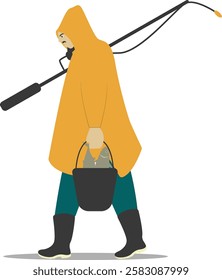 Professional Fisherman Character on White Background. Vector Illustration in Flat Style.