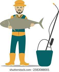 Professional Fisherman Character on White Background. Vector Illustration in Flat Style.