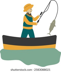 Professional Fisherman Character on White Background. Vector Illustration in Flat Style.