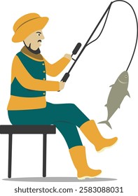 Professional Fisherman Character on White Background. Vector Illustration in Flat Style.