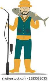 Professional Fisherman Character on White Background. Vector Illustration in Flat Style.