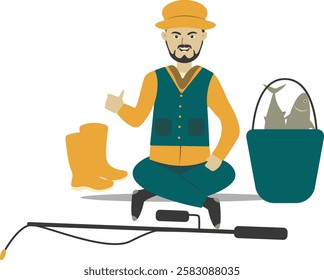 Professional Fisherman Character on White Background. Vector Illustration in Flat Style.