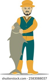 Professional Fisherman Character on White Background. Vector Illustration in Flat Style.